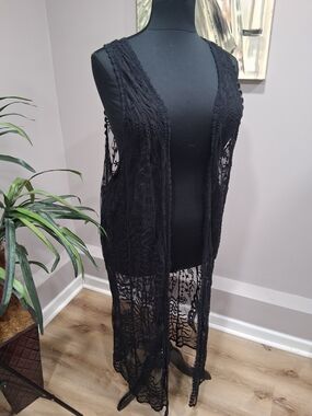 Black Sheer Lace Long Open Robe Vest - Women’s Intimates